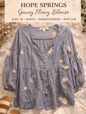 Hope Springs Embroidered Gauze Blouse Boho Peplum Top Blue M